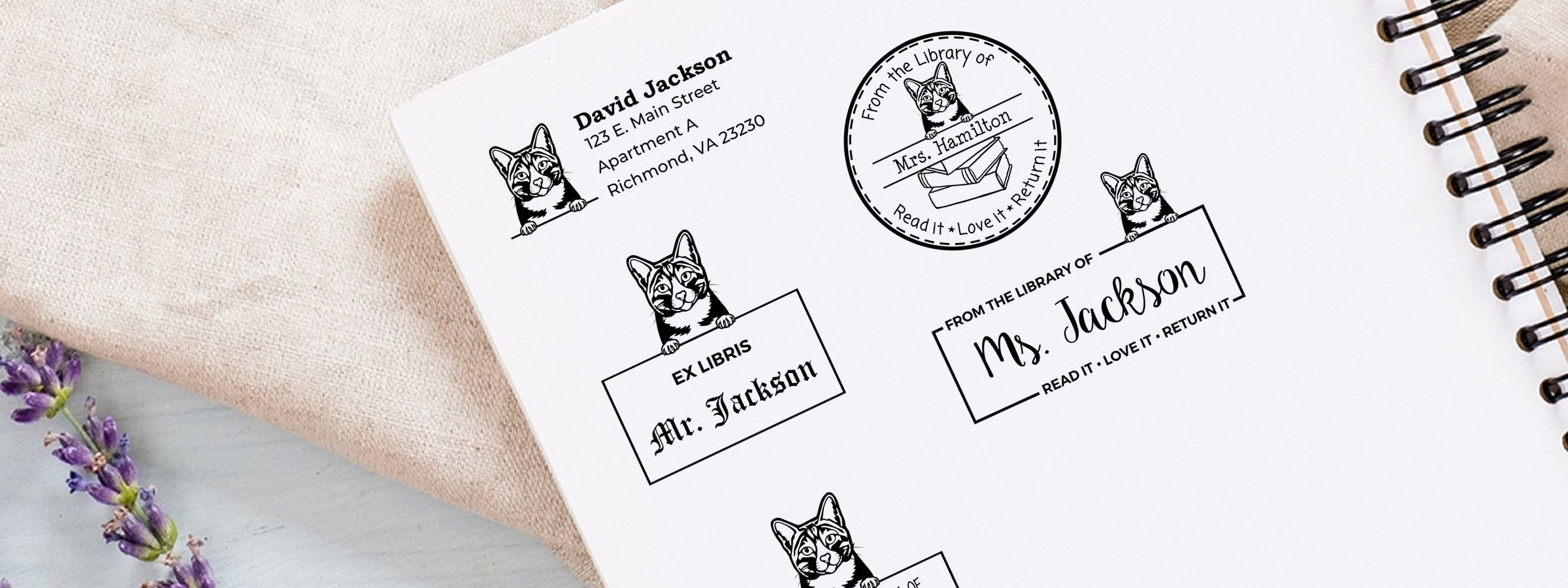 White notebook page with black cat bookplate stamps and custom seals, featuring David Jackson, Mrs. Hamilton, and Arabian Mau Cat Stamps and Custom Seals.