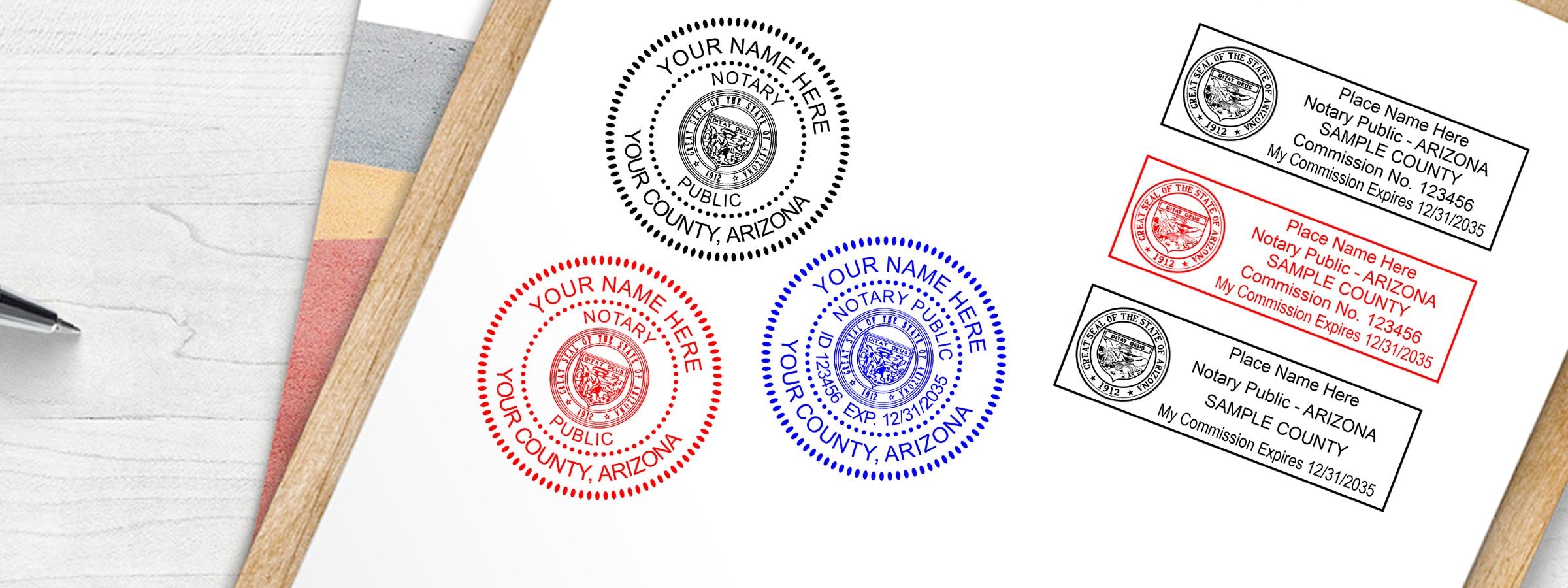 Arizona Notary Supplies, Stamps and Seals: black, red and blue notary seal samples with rectangular certificate stamps, paper and pens on white.