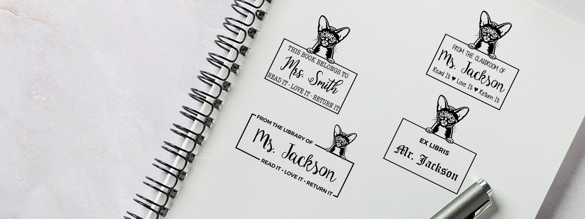 Spiral-bound notebook with four black-and-white cat bookplate designs and pen; Asian Semi Long Hair Cat Stamps and Custom Seals.