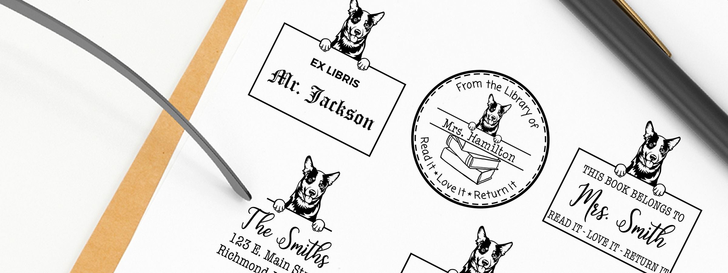 Library bookplate stickers with black-and-white Australian Cattle Dog art, sample names, pen and ribbon — Australian Cattle Dog Stamps and Custom Seals