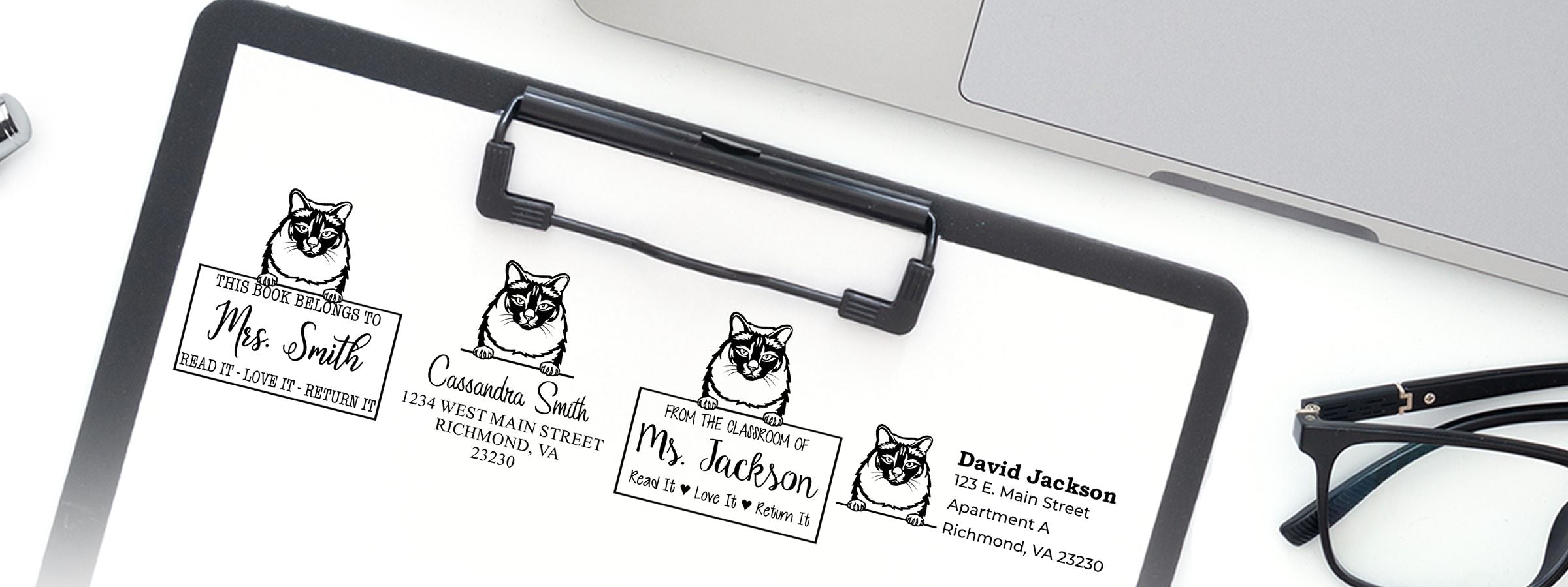 Laptop showing custom cat-themed bookplate labels with names and addresses, plus glasses; Balinese Cat Stamps and Custom Seals.
