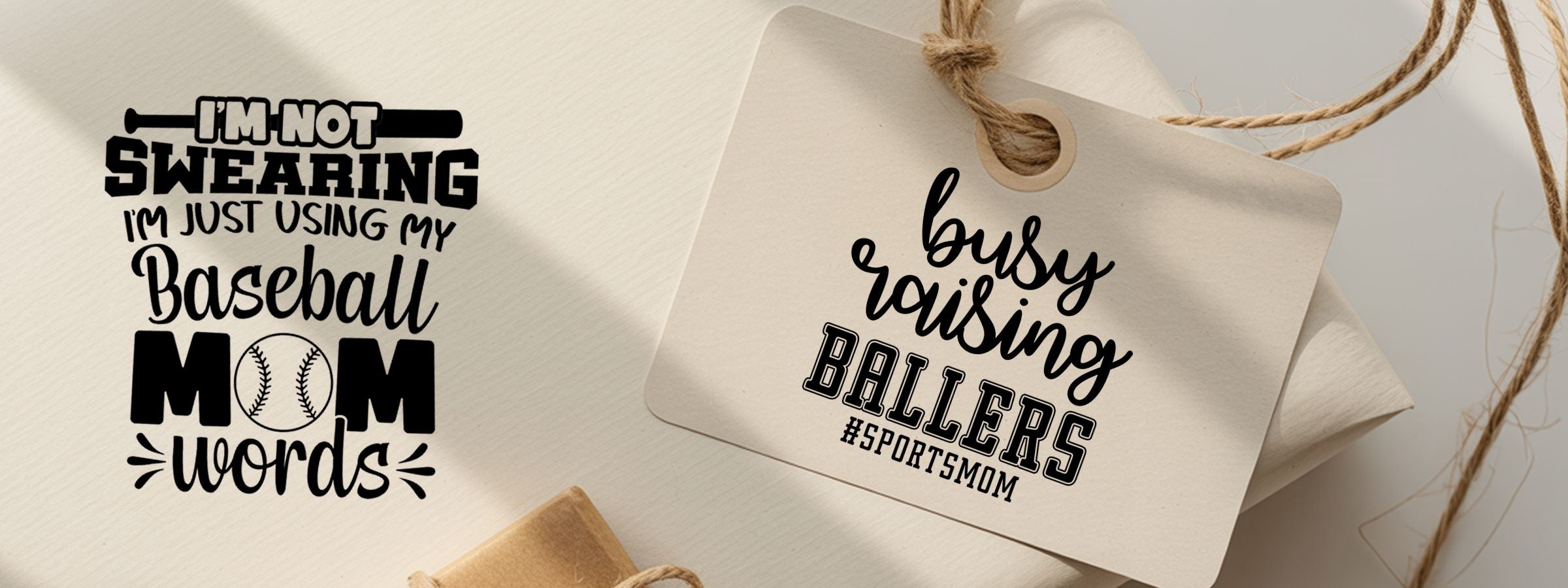 Beige mockup with baseball-themed sayings: “baseball mom words” and “busy raising ballers #sportsmom” on a tag. Baseball Craft Stamps.