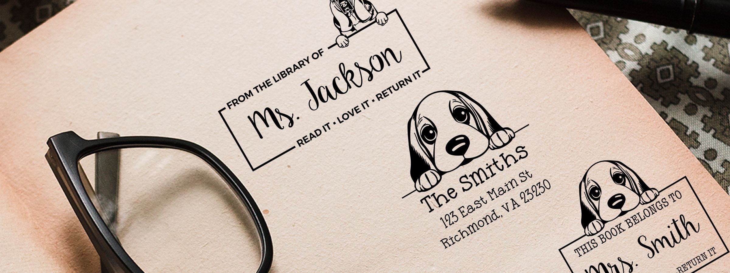 Cream page with eyeglasses, Basset Hound Dog Stamps and Custom Seals for bookplates for Ms. Jackson and The Smiths, Richmond, VA.