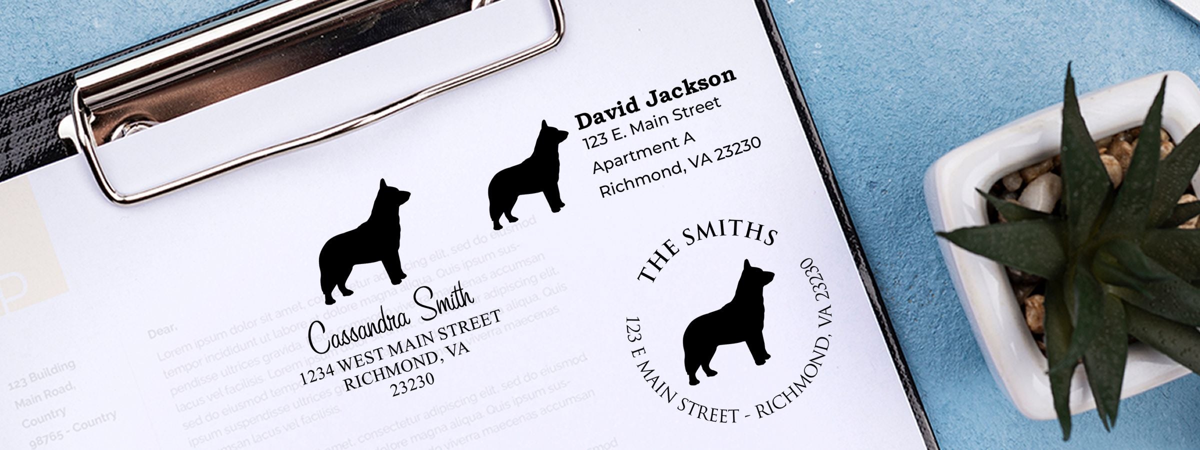 Custom pet labels with dog silhouettes, names, Richmond, Virginia addresses, a potted succulent, and Blue Heeler Dog Stamps and Custom Seals on blue background.