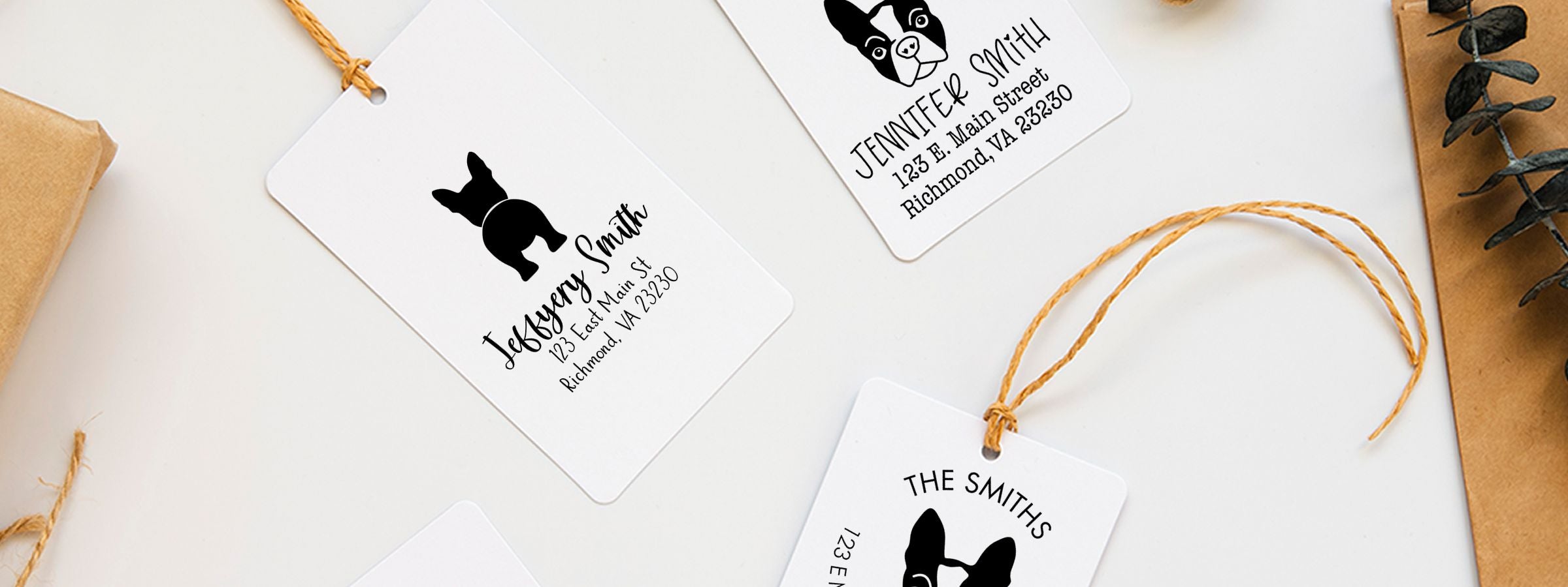 Personalized Boston Terrier Dog Stamps and Custom Seals gift tags with silhouettes, names, addresses, twine, and kraft paper accents.
