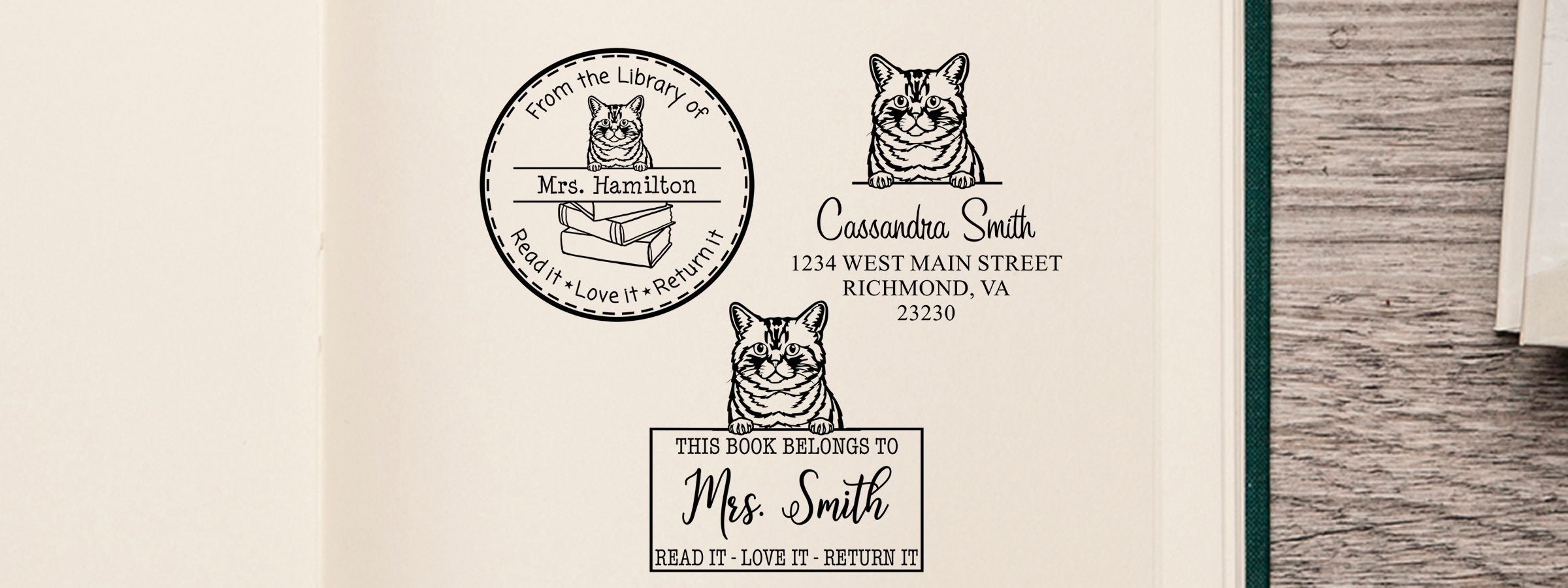 Open book page with three Brazilian Shorthair Cat Stamps and Custom Seals for Mrs. Hamilton, Cassandra Smith, and Mrs. Smith.
