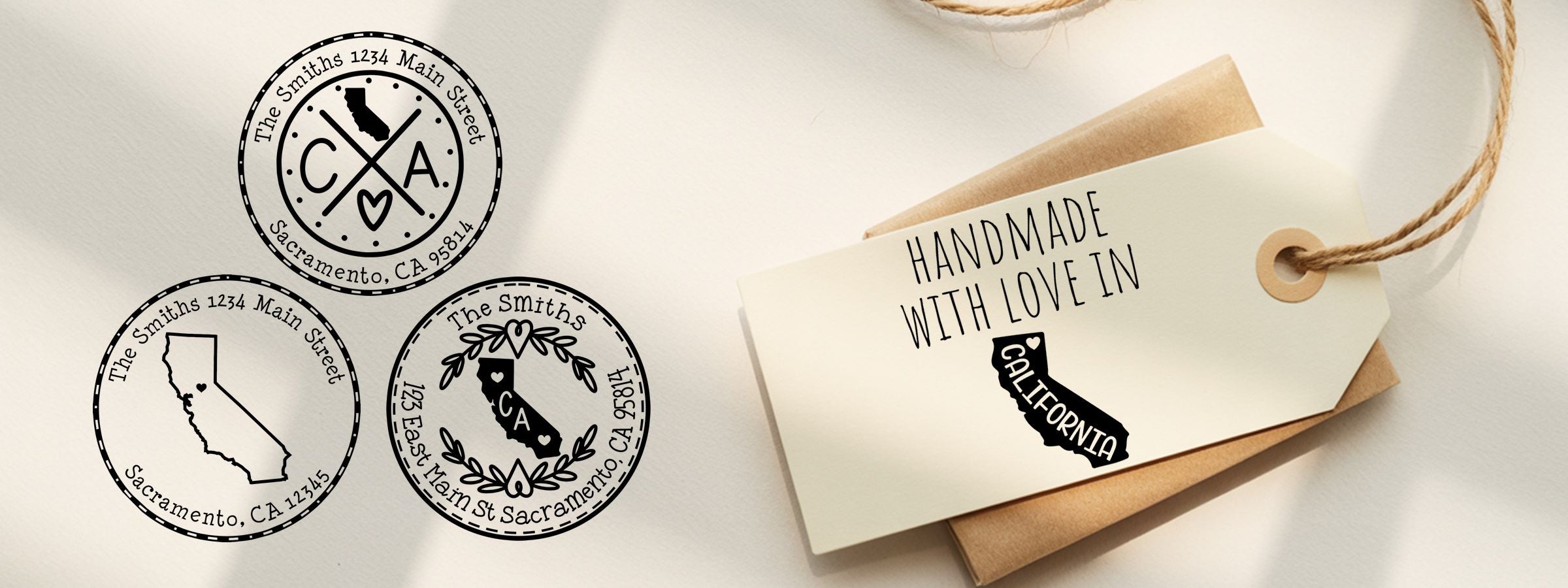 California Designer Stamps and Seals featuring three custom California address stamps and a “Handmade with Love in California” gift tag.