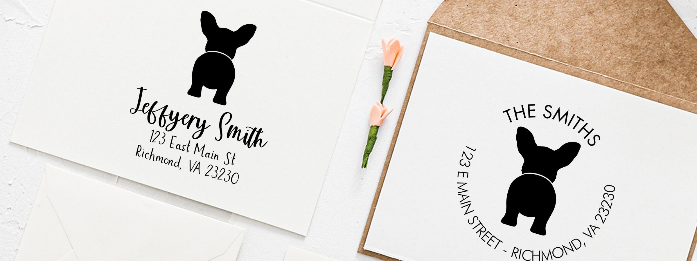 Personalized stationery with black French bulldog silhouette, Jeffrey Smith return address, kraft envelope, and Cardigan Welsh Corgi Dog Stamps and Custom Seals.