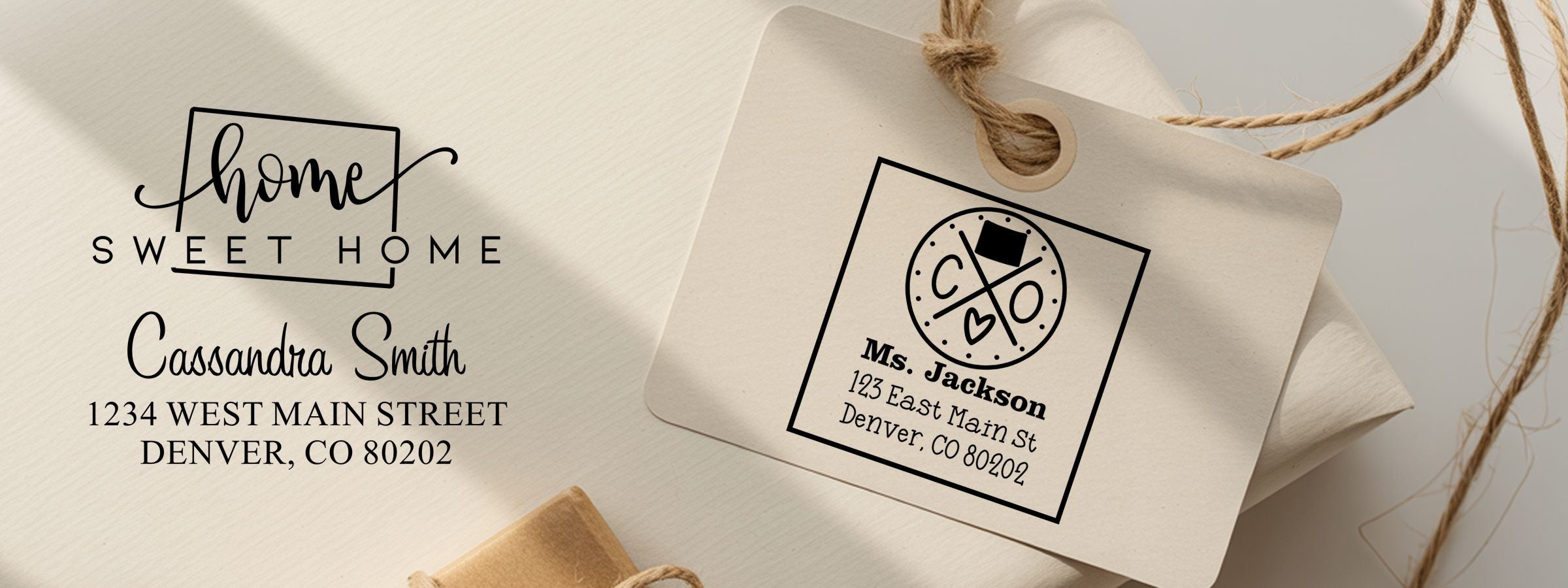 Colorado Designer Stamps and Seals home sweet home design for Cassandra Smith, Denver CO 80202, with Ms. Jackson tag and 123 East Main St.