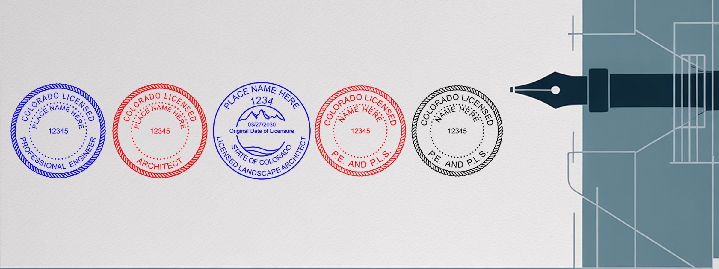 Colorado Professional Seals and Stamps graphic with five blue, red, and black license seal designs, pen nib, and blueprint lines.