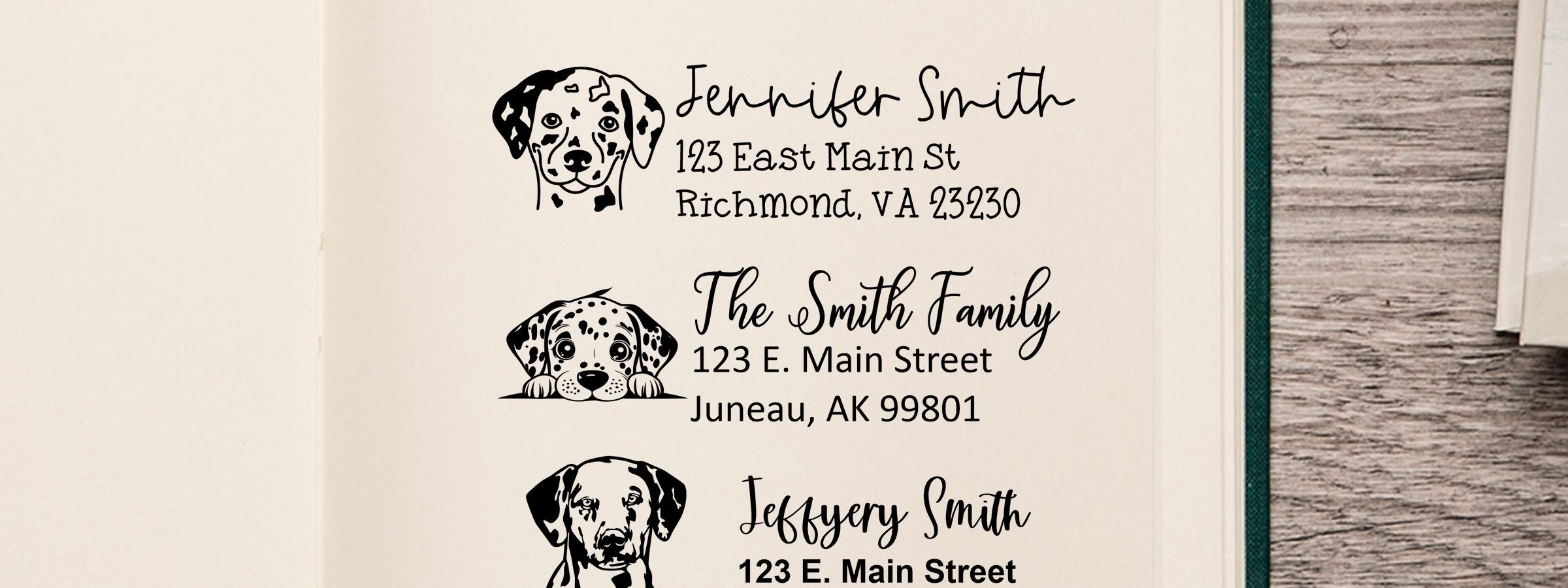 Dalmatian Dog Stamps and Custom Seals showing three personalized address labels with black dog illustrations and sample names and addresses.