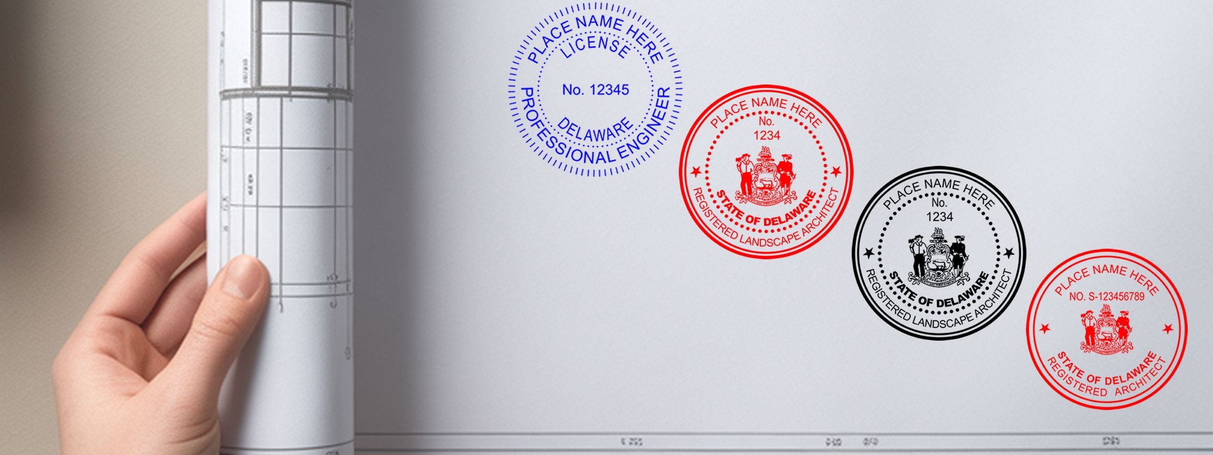 Hand holding a rolled architectural blueprint beside four Delaware Professional Seals and Stamps in blue, red, black, and red on white.
