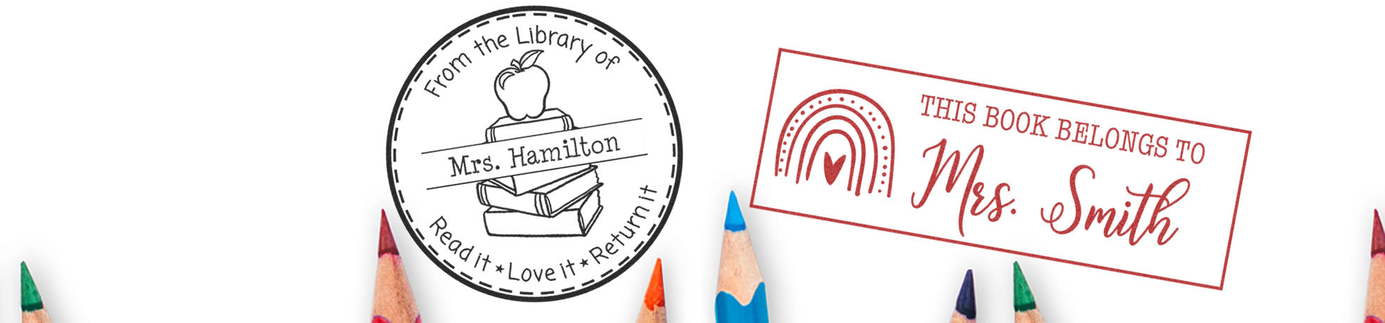 Slim Pre-Inked Designer Stamps with two custom book labels on white: black circular library stamp and red Mrs. Smith label with pencil tips.