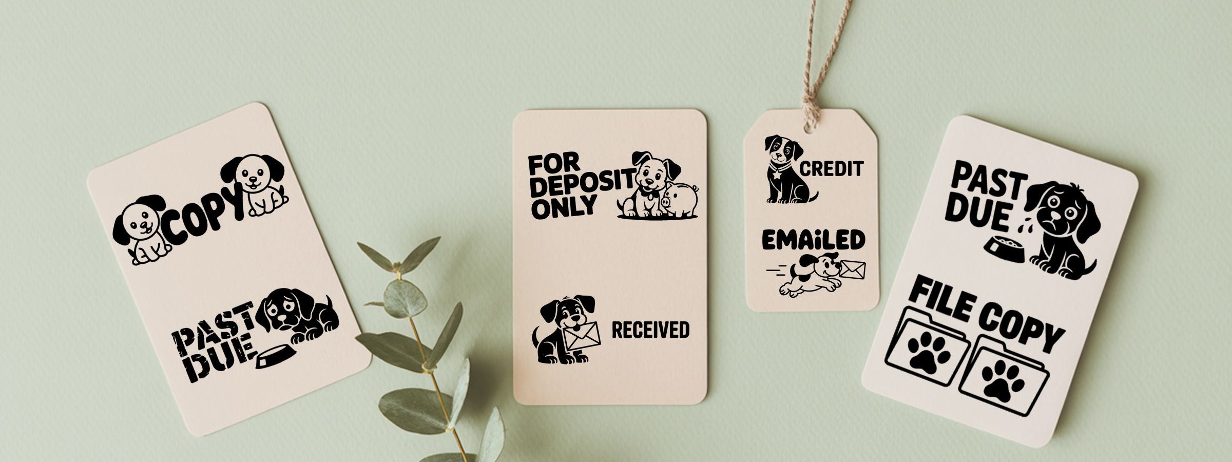 Dog and Puppies Stock Stamps on cream tags with cartoon dogs and office labels: COPY, PAST DUE, FOR DEPOSIT ONLY, RECEIVED, FILE COPY.