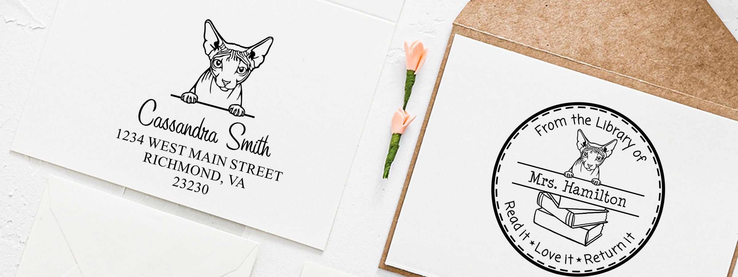 Personalized stationery bookplate with hairless cat, Cassandra Smith address, and library stamp. Don Sphynx Cat Stamps and Custom Seals