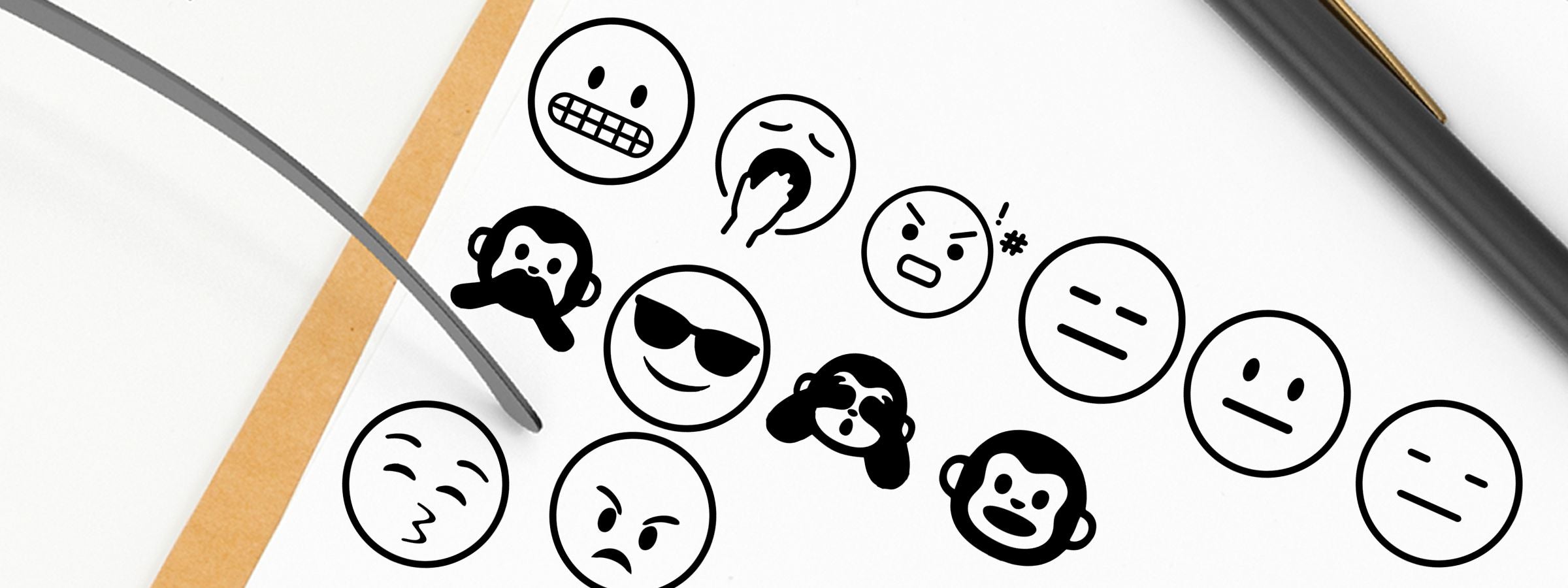 Emoji Stock Stamps: assorted hand-drawn emoji faces with varied emotions on a white background, with pen and pencil at the edges.