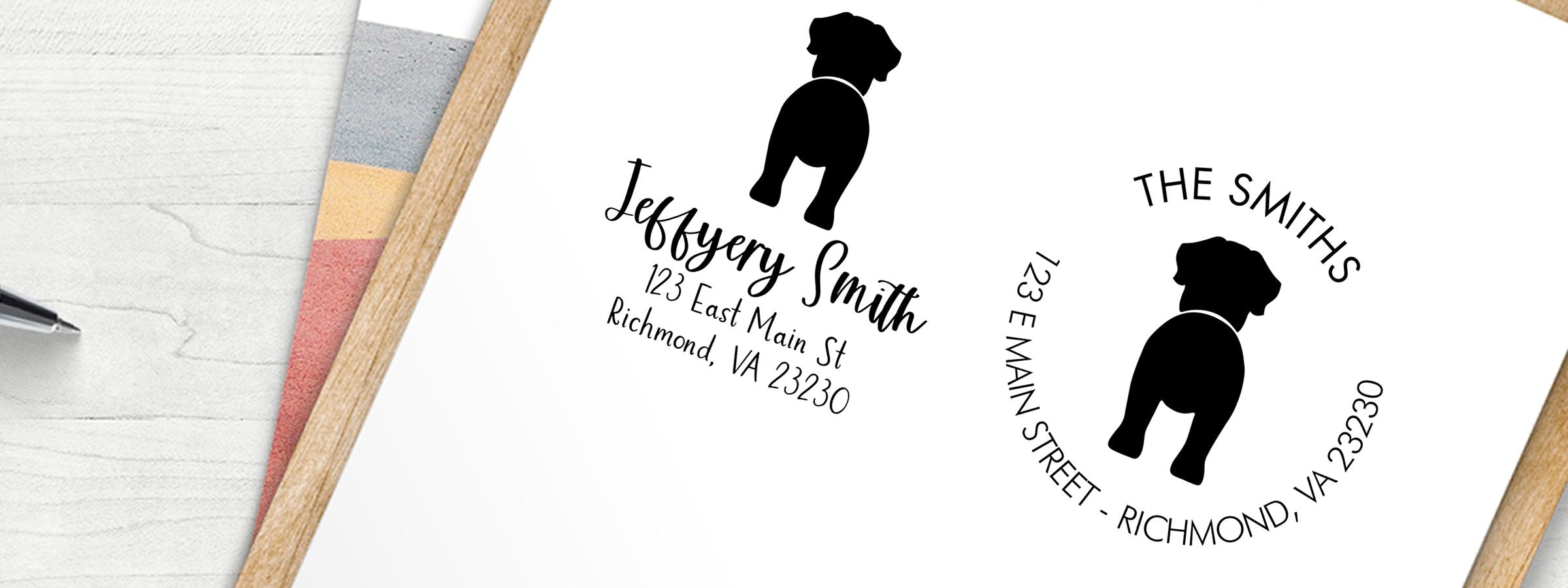 Mockup of personalized return address stamp with black dog silhouette, Jeffery Smith, The Smiths, Richmond, VA. English Mastiff Dog Stamps and Custom Seals