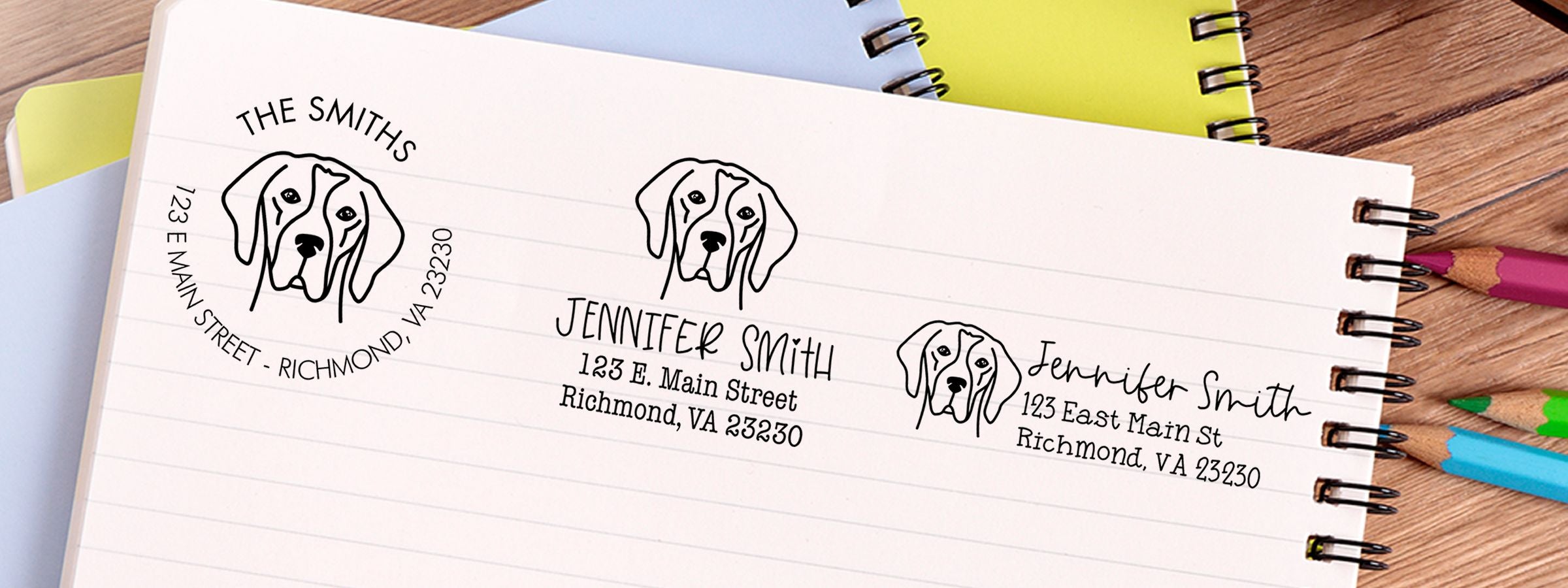 Open notebook showing three English Pointer Dog Stamps and Custom Seals with Jennifer Smith’s Richmond, VA address, beside colored pencils.