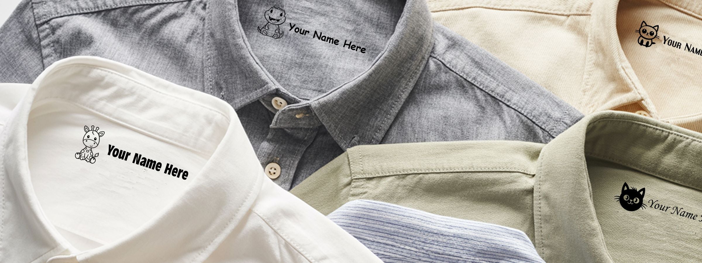 Collage of collared shirts in gray, white, beige, green, and blue with animal icons and “Your Name Here” collar labels for Fabric Marking Stamps.