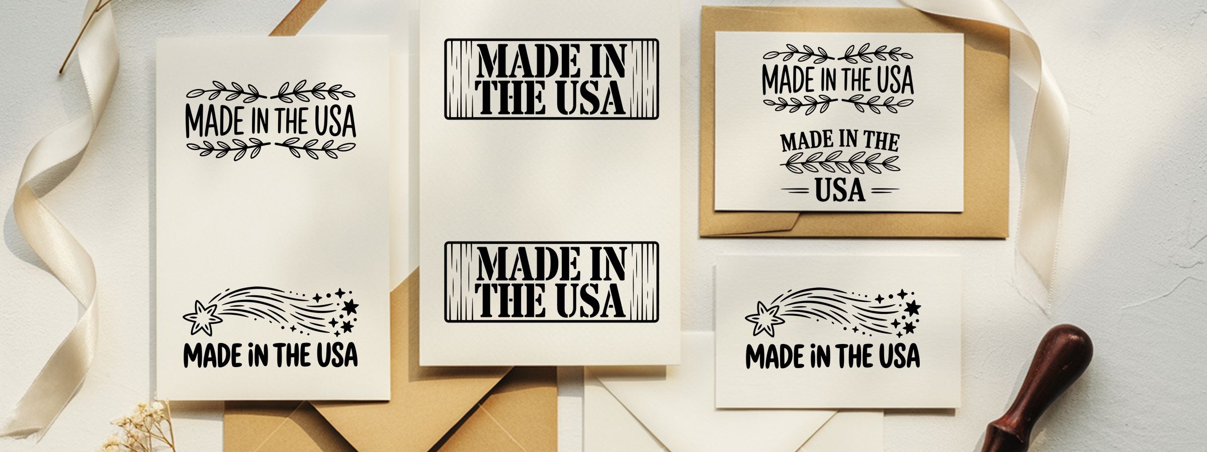 Assorted Farmhouse Made In USA Stamps card designs on envelopes and paper, with leaf borders and a shooting star on a neutral background.