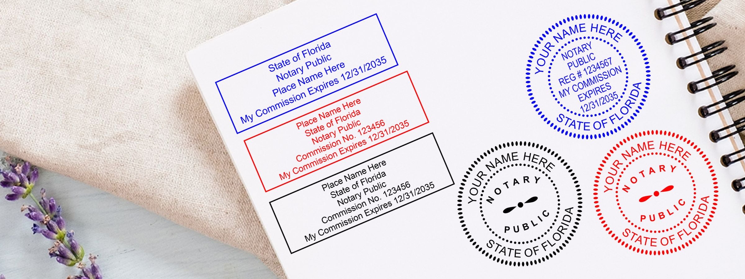 Florida Notary Supplies, Stamps and Seals on a notebook page with sample blue, red, black and circular notary stamp designs on a desk.