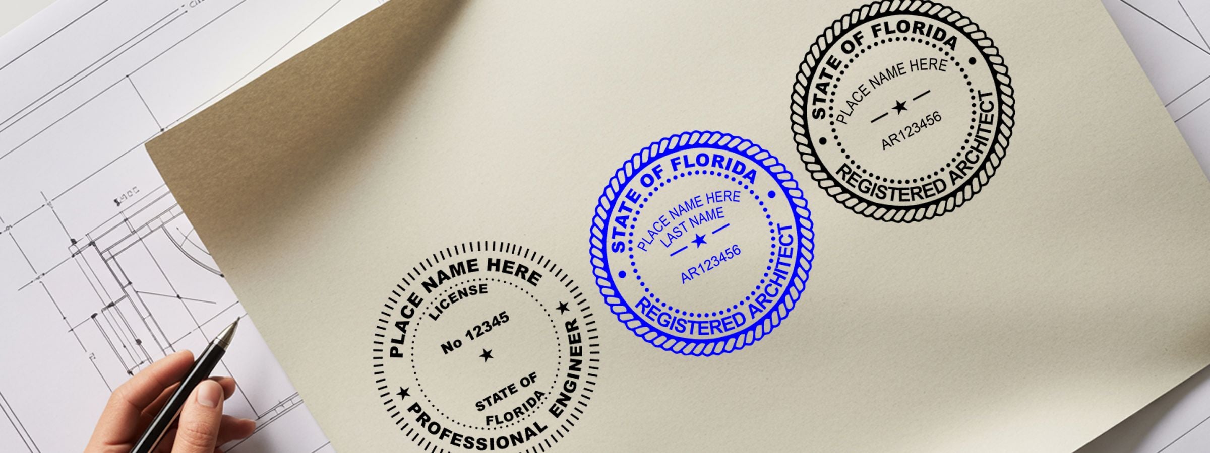 Hand holding a pen over blueprints beside Florida Professional Seals and Stamps designs in black, blue, and black-and-white.