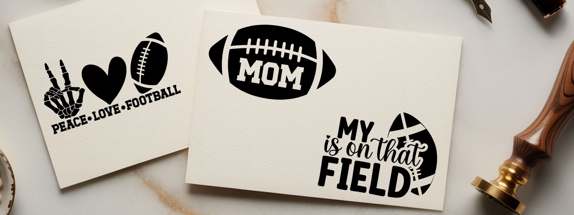 Football Craft Stamps on two cream cards: one says PEACE LOVE FOOTBALL; the other shows a MOM football design.