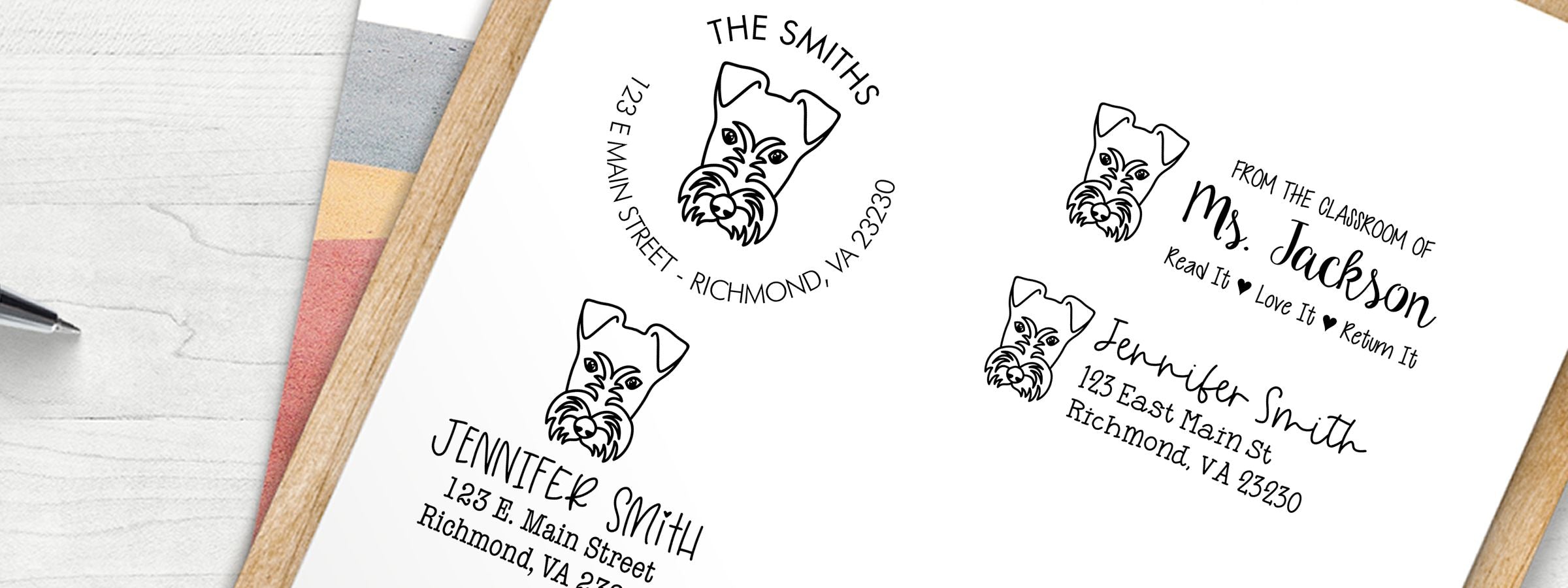 Personalized stationery mockup with a dog face logo, Fox Terrier Dog Stamps and Custom Seals, sample names, mailing addresses, notebook, and pen.