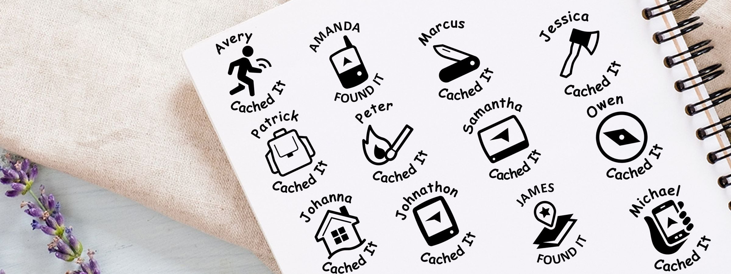 A spiral notebook page of Geocaching Stamps with black personalized icons and names, plus “Cached It” and “FOUND IT.”