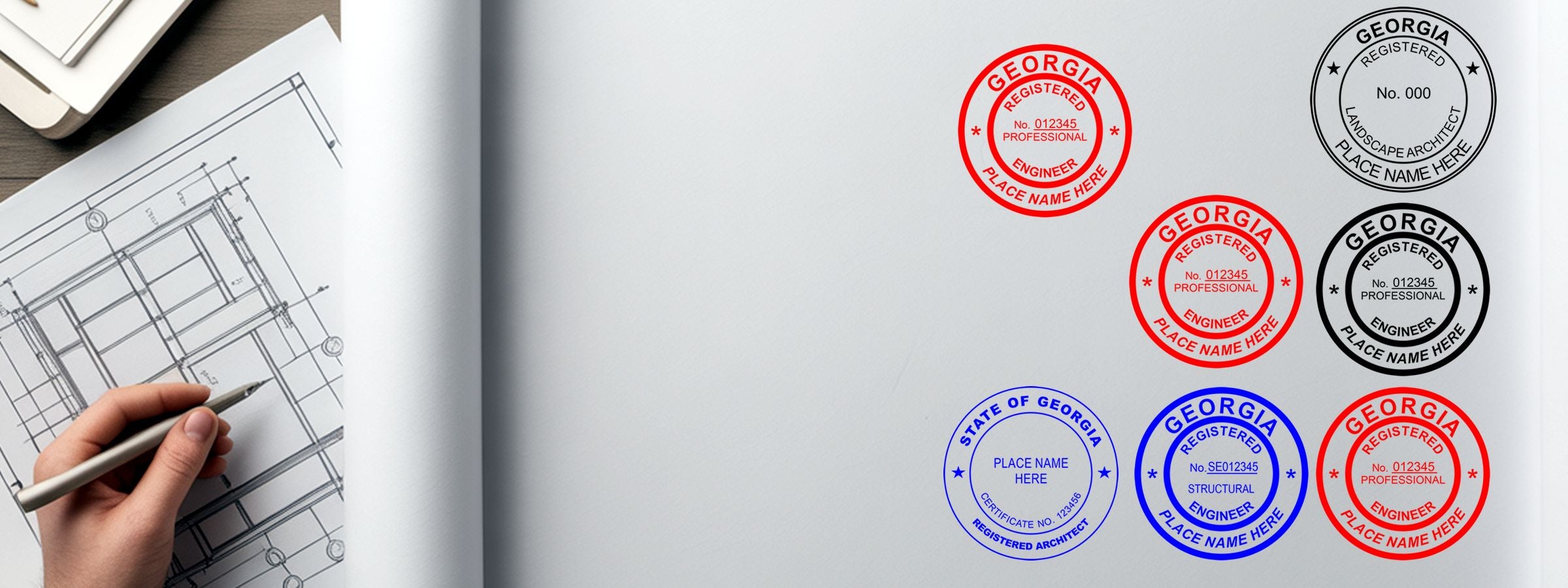 Hand holding pen over architectural blueprint beside Georgia Professional Seals and Stamps in red, black, and blue.