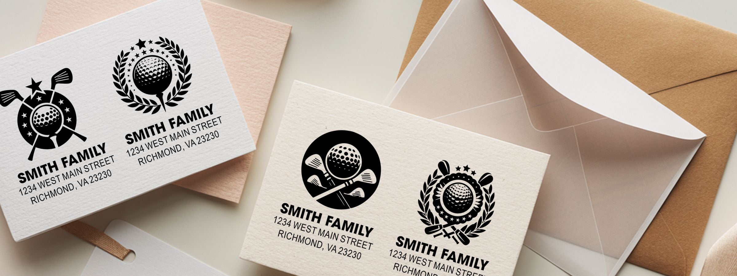 Golf Designer Stamps mockup of folded greeting cards and envelopes with a black Smith Family golf logo on a neutral tabletop.
