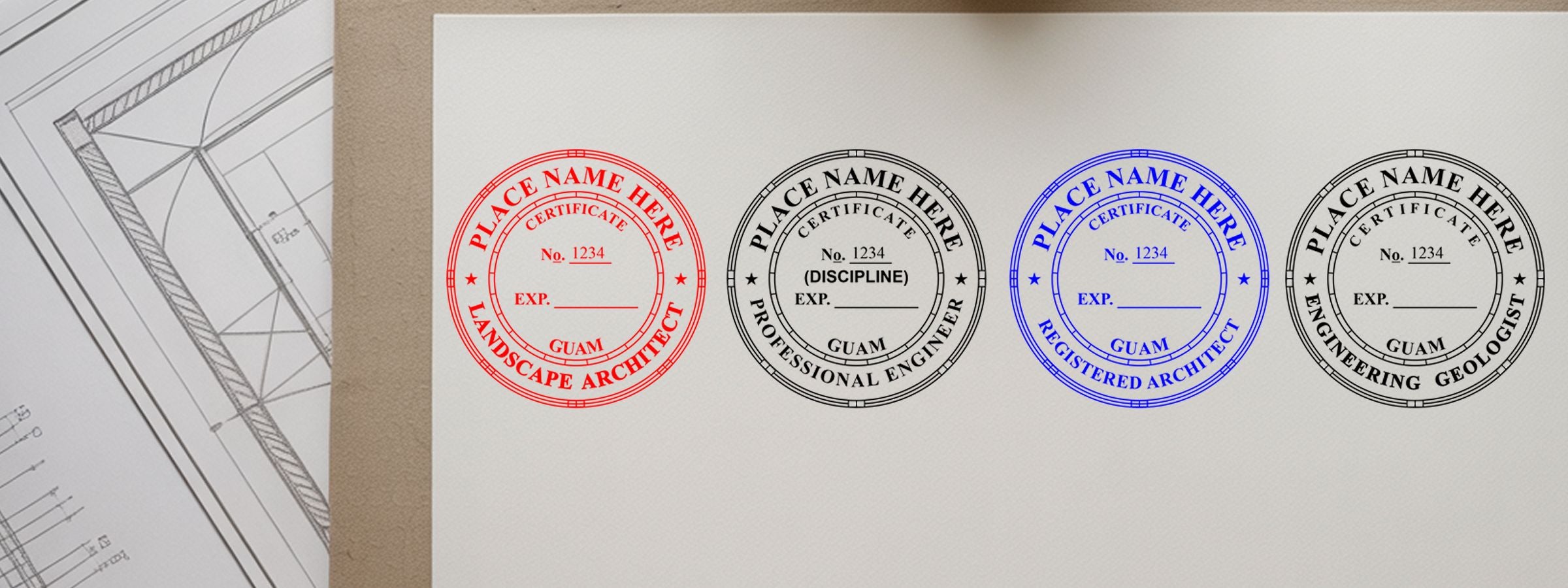 Guam Professional Seals and Stamps showing four circular seals for landscape architect, engineer, architect, and geologist beside blueprints.
