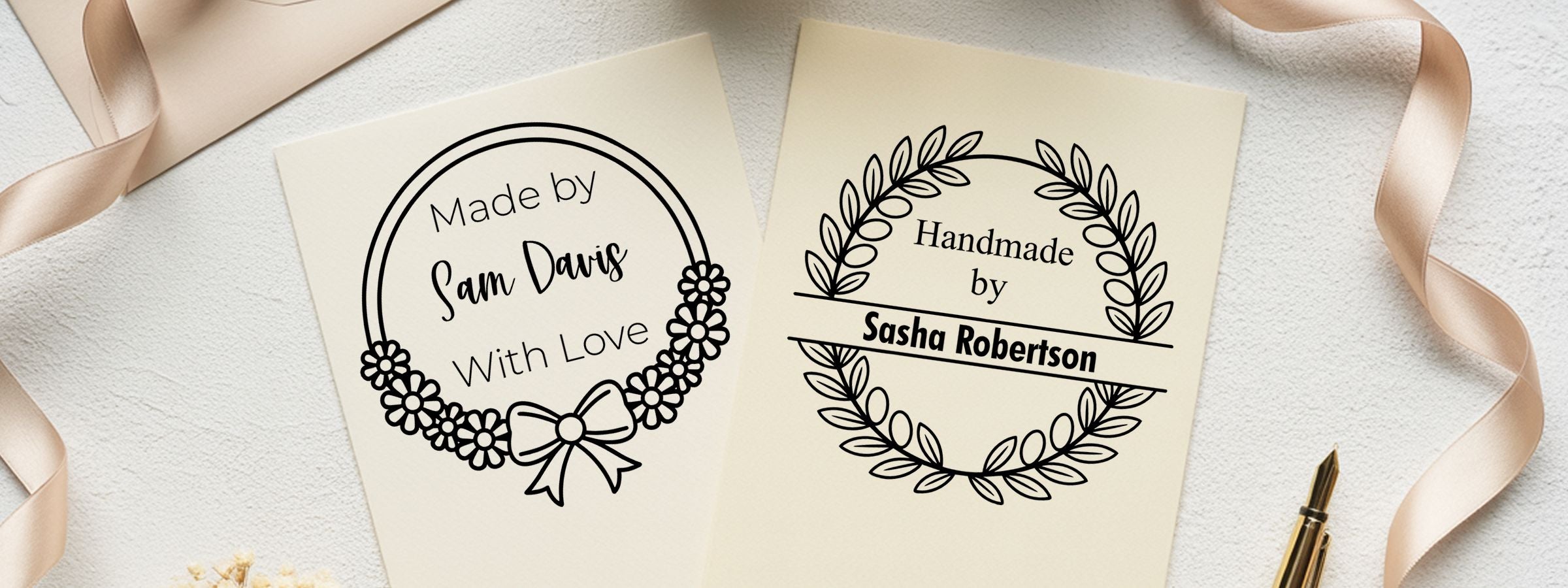 Handmade and Crafting Designer Stamps on cream labels with floral and leafy wreaths reading Made by Sam Davis With Love and Handmade by Sasha Robertson.