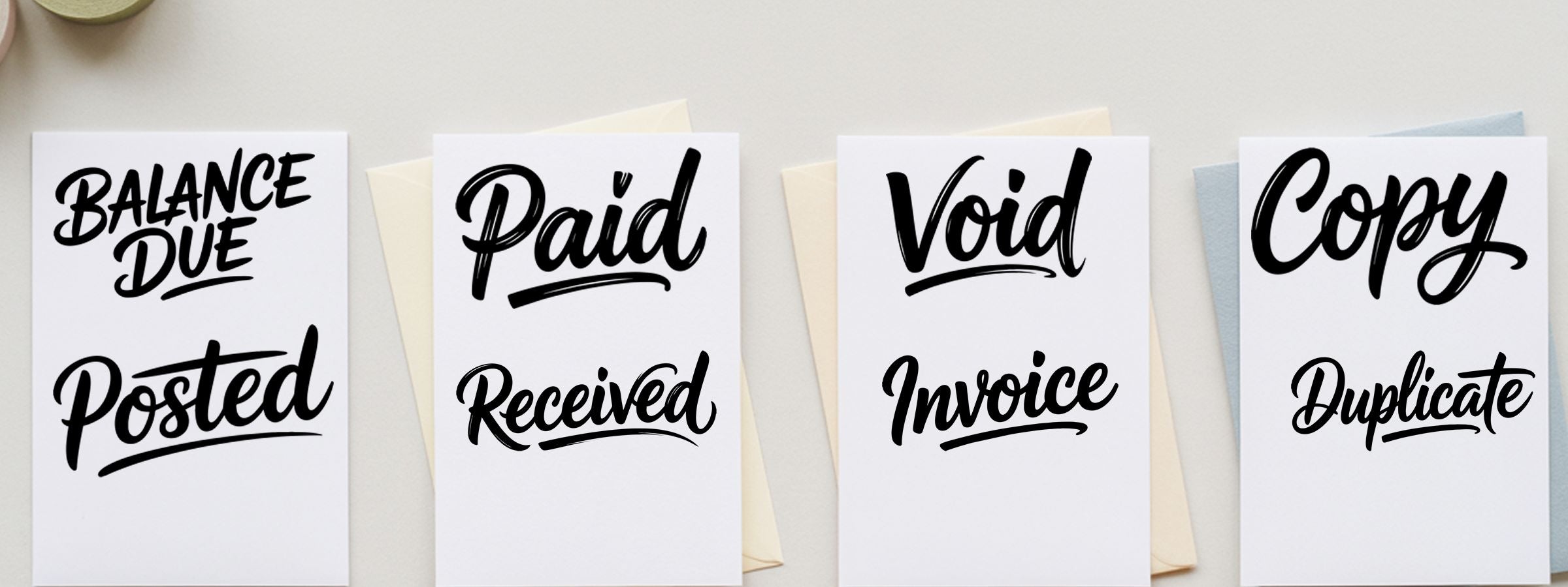 Handwritten Stock Stamps on four white cards: Balance Due/Posted, Paid/Received, Void/Invoice, Copy/Duplicate.