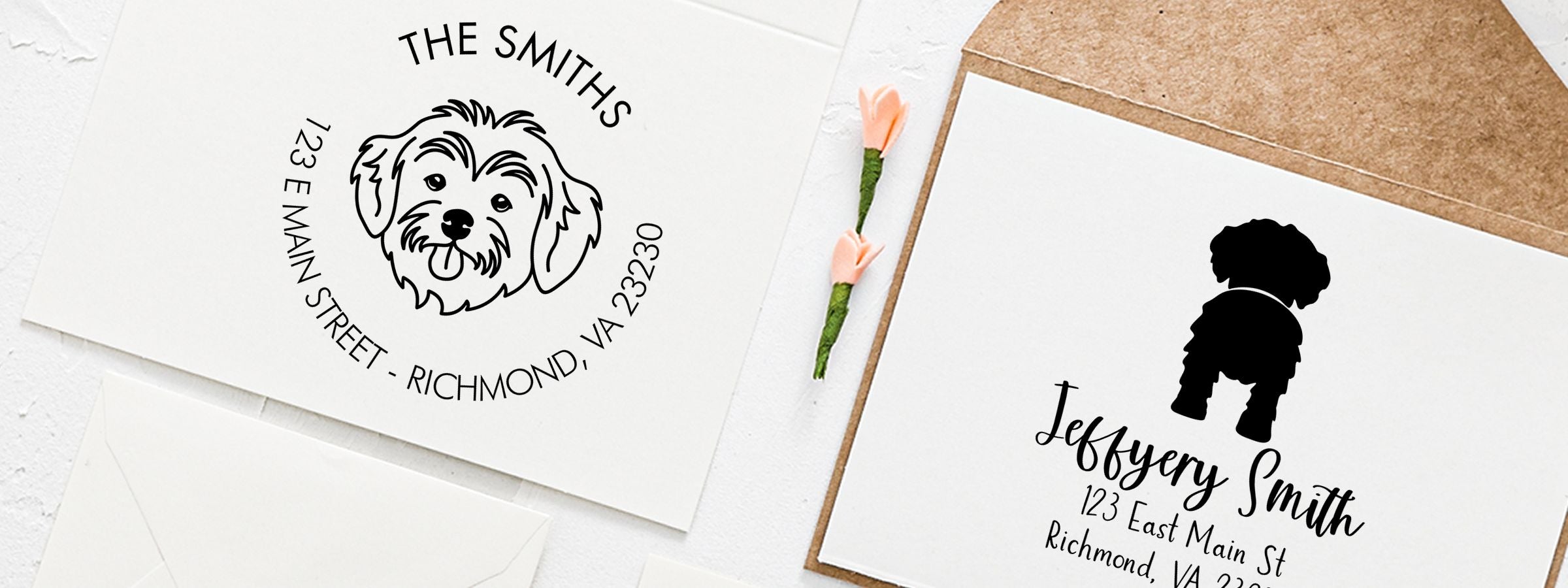 Two custom pet address labels with dog art, beside a brown envelope and flower, featuring Havanese Dog Stamps and Custom Seals.