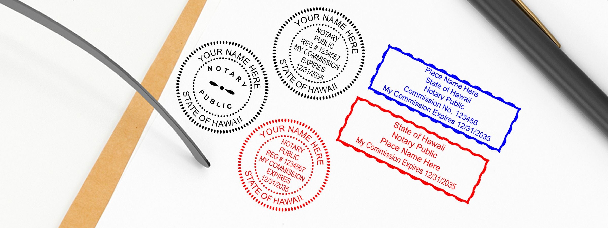 Hawaii Notary Supplies, Stamps and Seals sample graphic with black, red and blue Hawaii notary seal designs on white with pens.