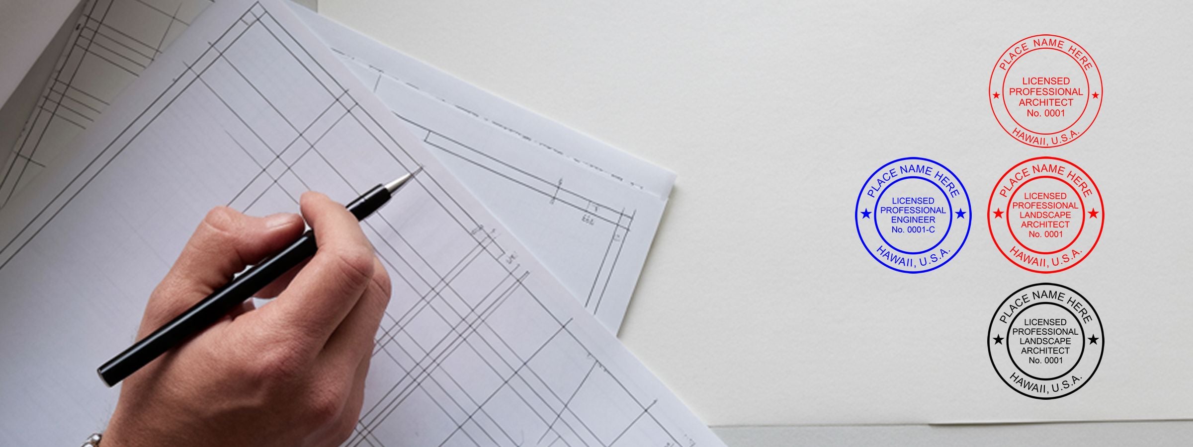 Hand holding a pencil over architectural blueprints with colored circular seals; Hawaii Professional Seals and Stamps shown on the right.