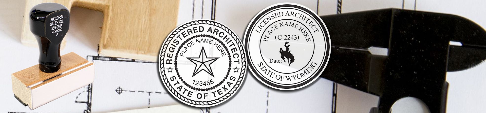 Architect Stamps & Architect Seals on a blueprint with Texas and Wyoming license-style registration seals.