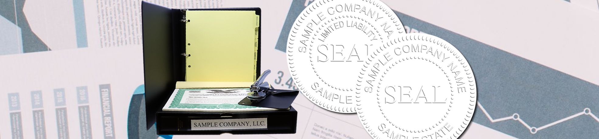 Corporate Kits seal kit with black binder and embosser beside sample company seal stamps over a financial chart background.