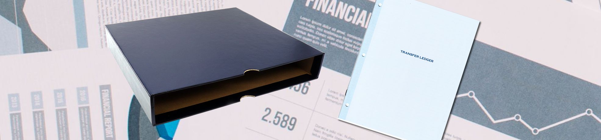 A navy binder box and light blue transfer ledger folder on financial reports; Corporate Stamp Supplies & Corporate Seal Supplies.