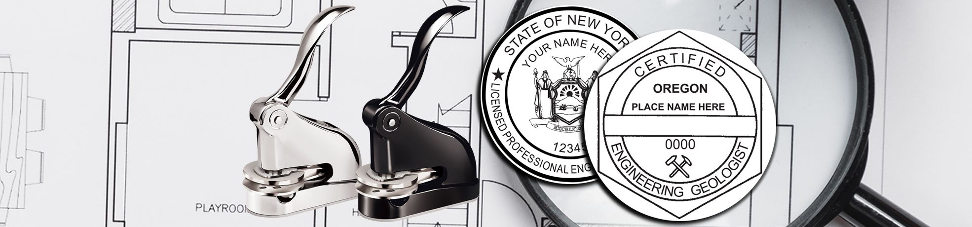 Engineering Geologist Stamps & Engineering Geologist Seals: two embossed metal stamps in silver and black over a blueprint with magnifying glass.
