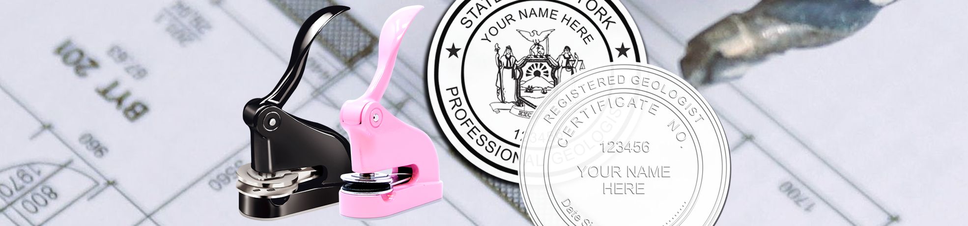 Two handheld embossing seal presses, black and pink, over blurred tax paperwork and circular Professional Geologist Stamps & Professional Geologist Seals.