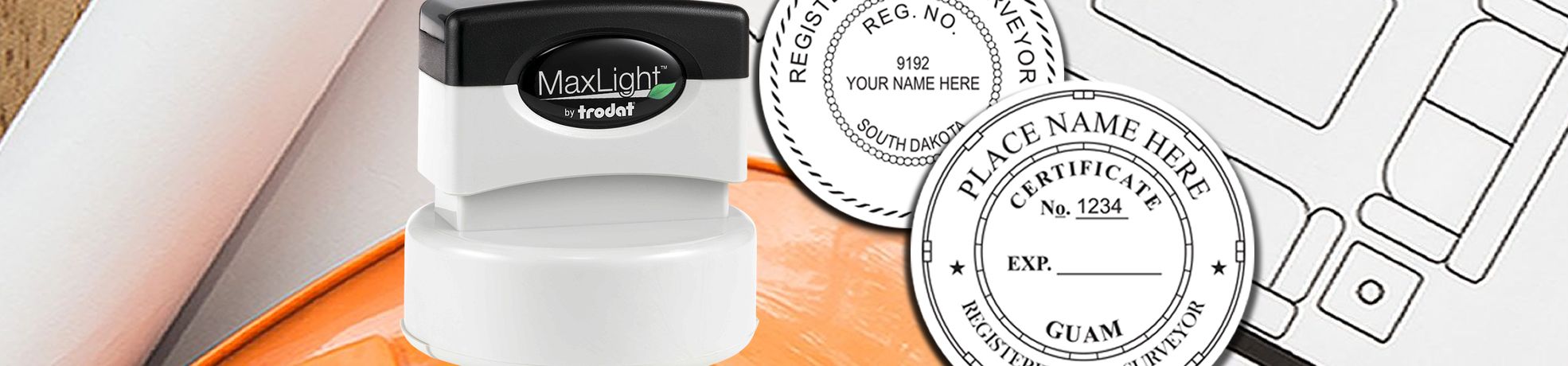 Custom self-inking stamp with circular seal impressions and design outlines on white and orange background for Land Surveyor Stamps & Land Surveyor Seals.