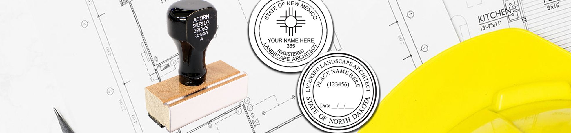 Landscape Architect Stamps & Landscape Architect Seals on construction blueprint with rubber stamp, two seal stamps, and yellow hard hat.