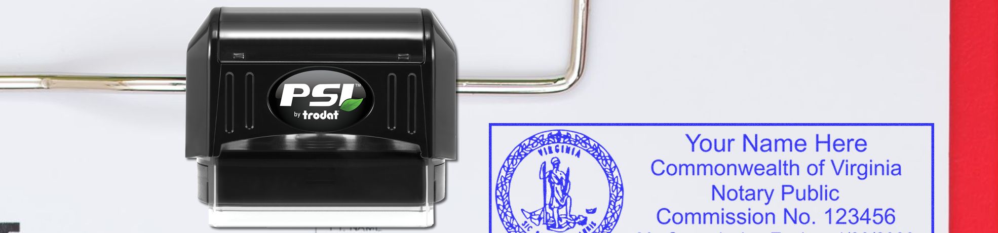 Black PSI by Trodat self-inking stamp over a sample Virginia notary seal for Virginia Notary Public Class.