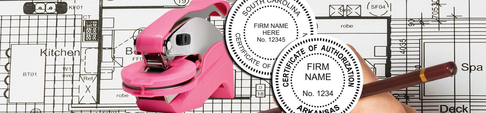 Professional Stamps & Professional Seals: pink embossing seal and hand stamp over blueprint with South Carolina and Arkansas certificate seals.