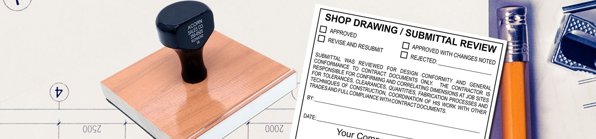 Blueprint background with rubber stamp on wooden base, Shop Drawing/Submittal Review form, drafting tools, Professional Stamp & Professional Seal Accessories.