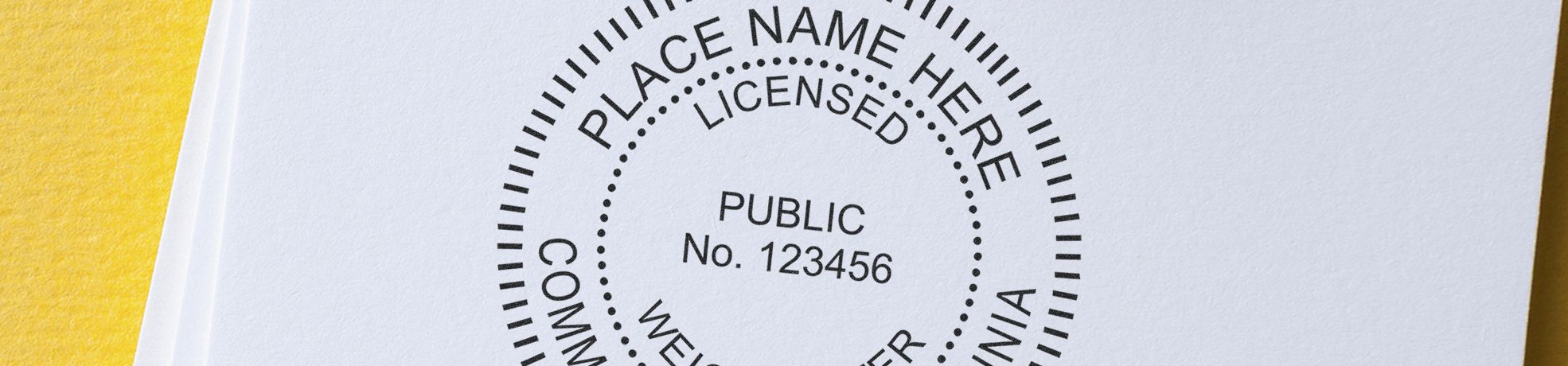 Close-up of a yellow circular stamp on white paper reading PLACE NAME HERE, LICENSED, PUBLIC No. 123456 for Public Weighmaster Stamps & Public Weighmaster Seals.