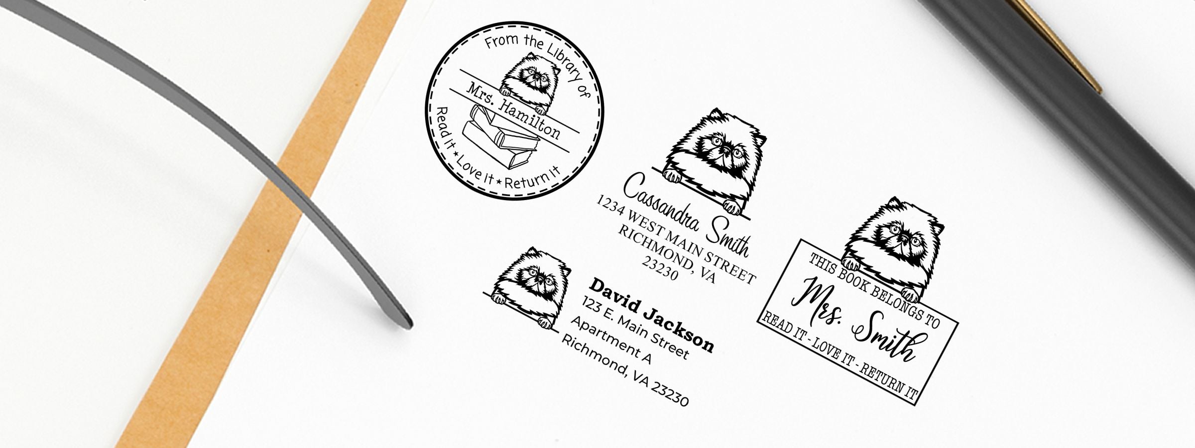 Mockup of custom library book stamps with owl art, personalized text, pen, ribbon, and Himalayan Cat Stamps and Custom Seals.
