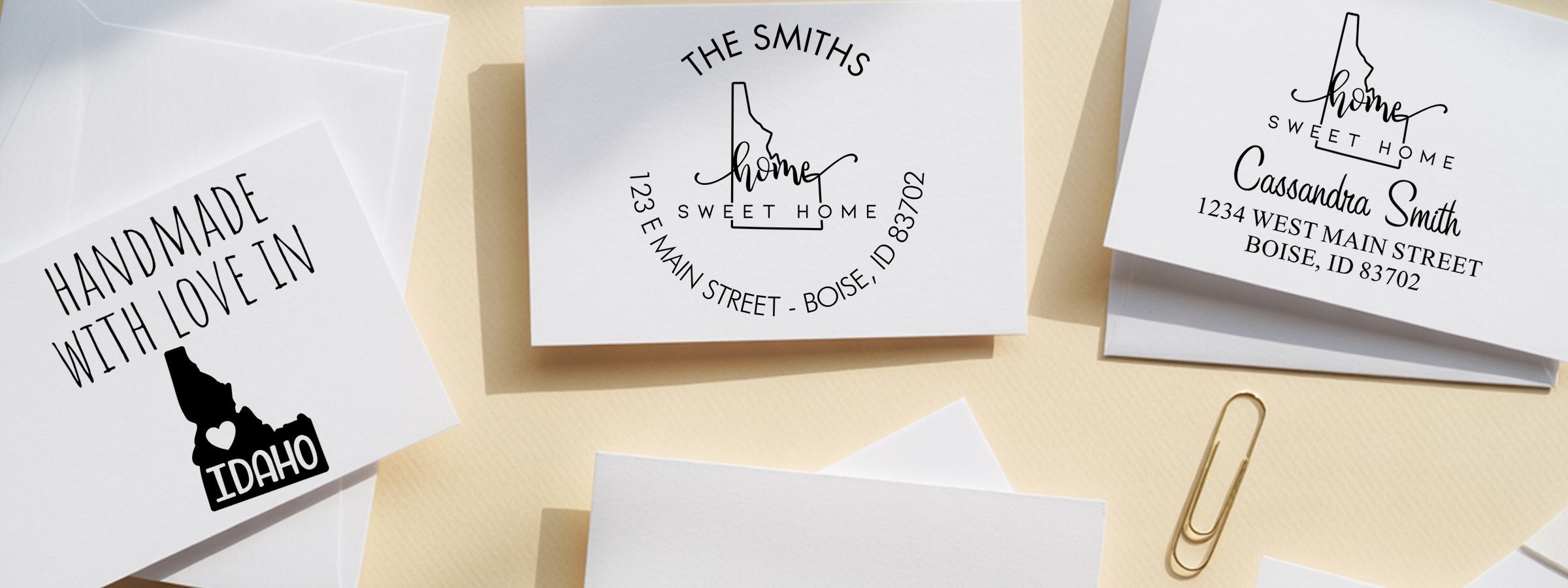 Idaho-themed greeting cards and stationery with personalized names, addresses, and Idaho Designer Stamps and Seals.